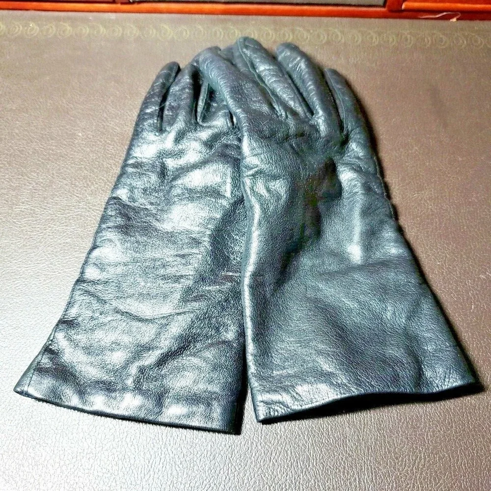 Women's Black‎ Leather Gloves Size 6-1/2 100% Wool liner 100% Laine leather